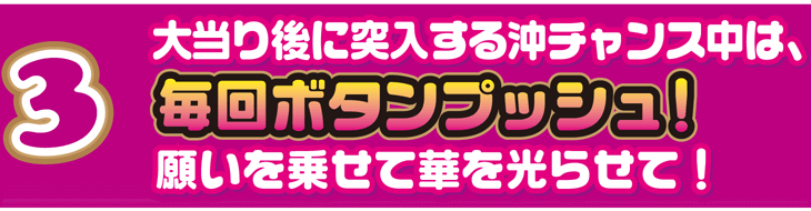 3 大当り後に突入する沖チャンス中は、毎回ボタンプッシュ！願いを乗せて華を光らせて！